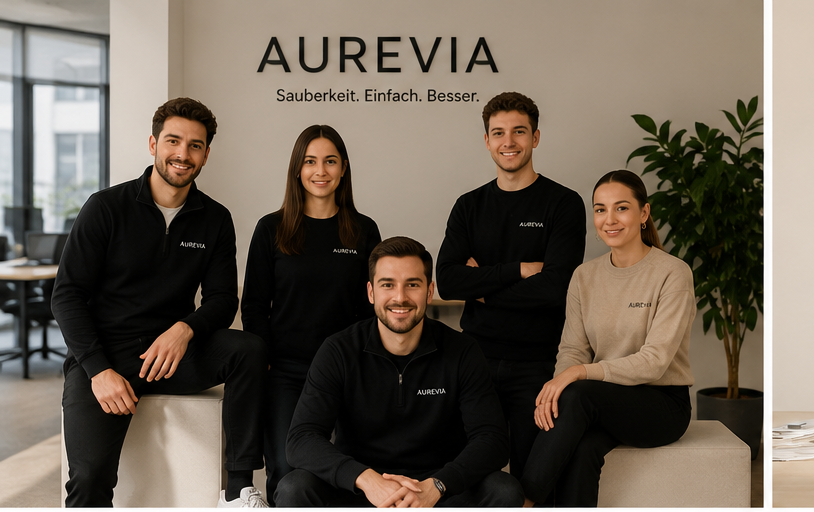 Das Team von Aurevia im Büro vor dem Aurevia-Logo