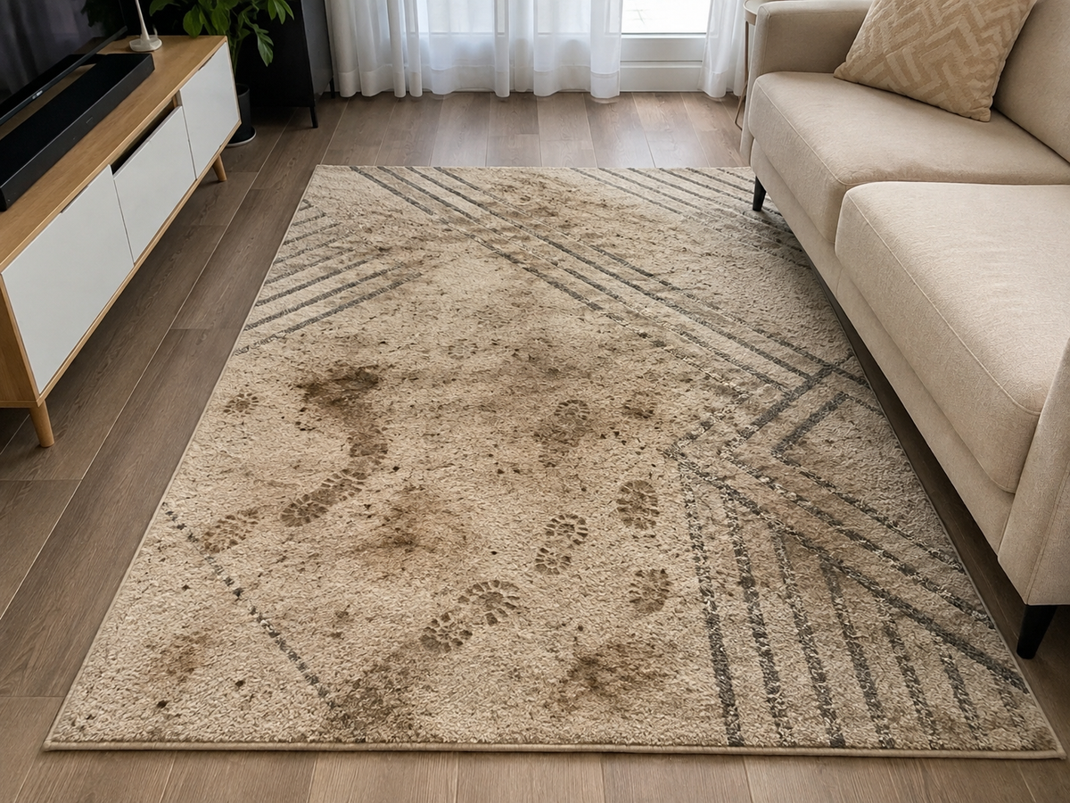 Teppich in einem Wohnzimmer mit deutlich sichtbaren Verschmutzungen