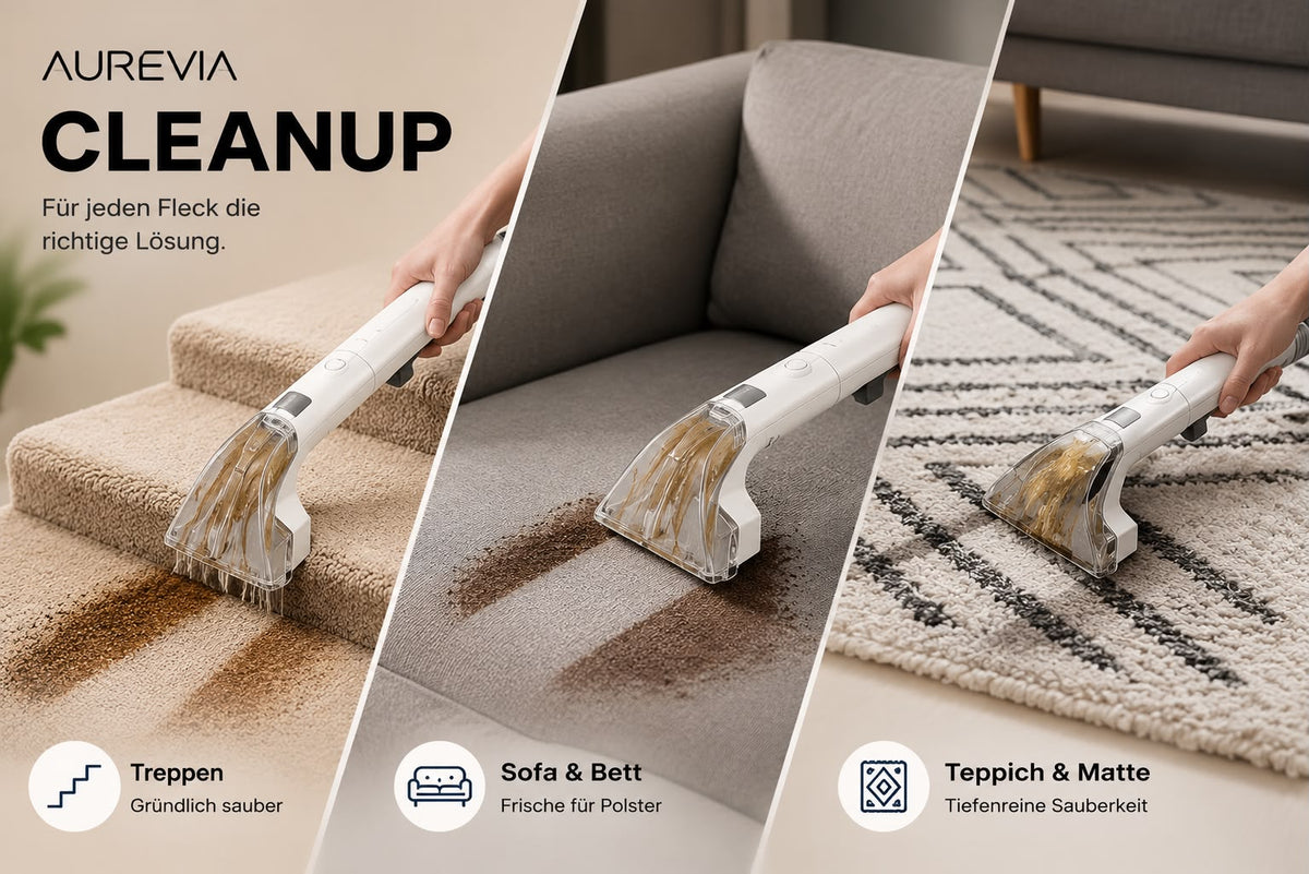 Aurevia CleanUp im Einsatz auf Treppe, Sofa und Teppich
